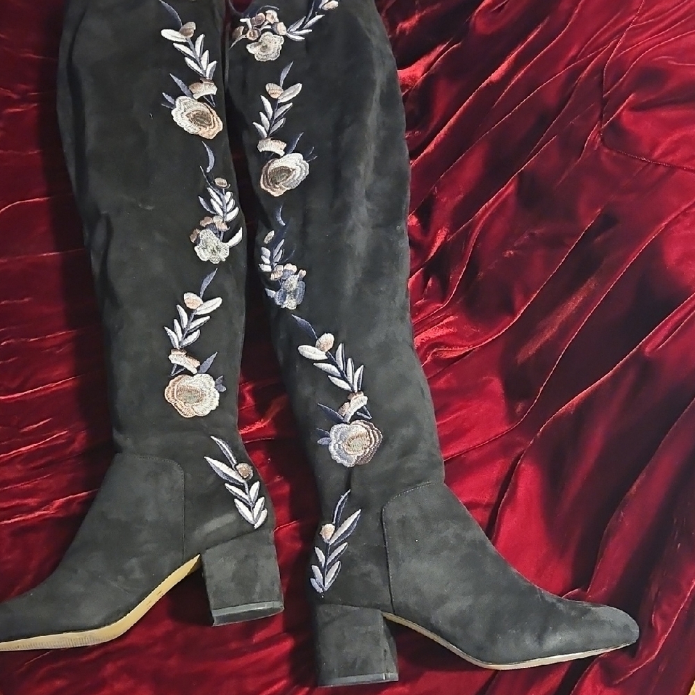 OTK Black Over the Knee (OTK) Faux Suede  Boots with Floral Embroidery
